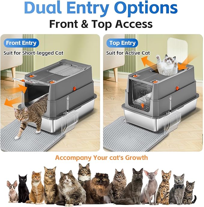 Stainless Steel Litter Box with Lid, 155° Flip Top XL Covered Enclosed Metal Cat Litter Box with Mat & Scoop, High Sided Enclosure,Anti-Leakage,Odor Free,Front & Top Dual Entry