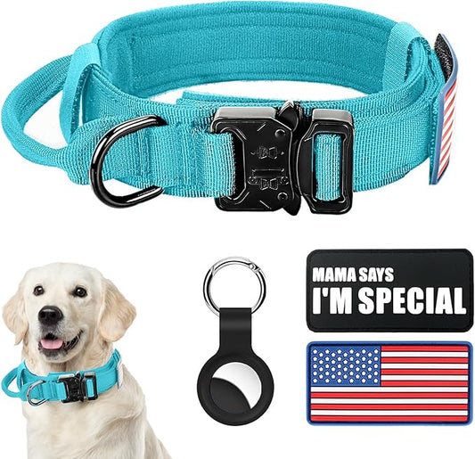 Tactical Dog Collar Military Dog Collar Adjustable Nylon Dog Collar Heavy Duty Metal Buckle with Handle for Dog Training,with Patches(Light Blue 1, M), Medium