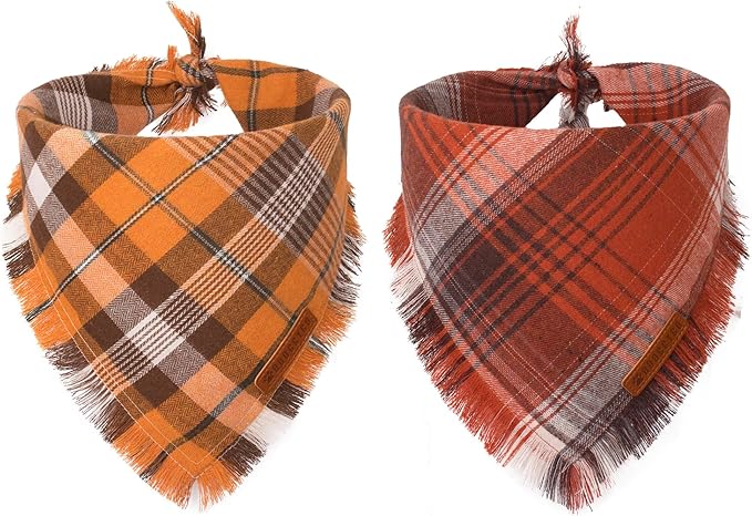 ADOGGYGO Fall Dog Bandana with Tassels Edges, Orange Red Plaid Pet Scarf Bib, Multiple Sizes Offered, Halloween Thanksgiving Fall Bandanas for Extra Large Dogs Pets (X-Large)