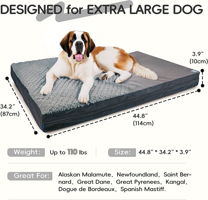 Sytopia Washable 44" Dog Bed for Large Dogs – Double-Sided Plush, Waterproof, Removable Cover, Thick Orthopedic Support, Durable Multi- Size Comfort Clearance Indoor Flat Dog Bed