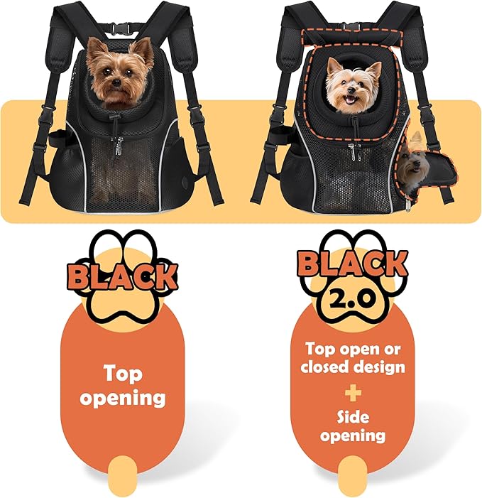 WOYYHO Pet Dog Carrier Backpack with Top and Side Windows, Small Dog Front Backpack Ventilated Mesh Dog Back Pack with Safety Belt for Travel Hiking Outdoor Adventures (Size L: 10-14 lbs, Black 2.0)