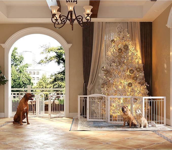 JSB 144-inch Extra Wide 30-inch Tall Dog gate with Door Walk Through, Freestanding Pet Gate for Halls, Stairs & Home, Pet Puppy Safety Dog Fence with 2PCS Support Feet (White)