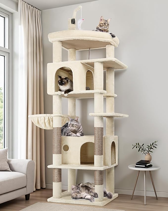 Globlazer Large Cat Tree Tower, Tall Cat Tree Condos for Indoor Cats Large Adult Cat Climbing Tower with 2 Spacious Caves, Oversized Top Perch, Big Hanging Basket, Cat Teaser Wand, F74B, Beige