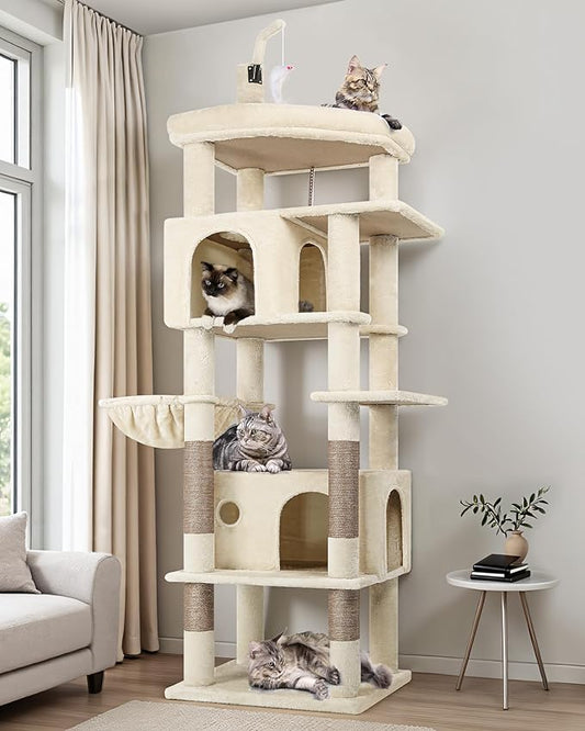 Globlazer Large Cat Tree Tower, Tall Cat Tree Condos for Indoor Cats Large Adult Cat Climbing Tower with 2 Spacious Caves, Oversized Top Perch, Big Hanging Basket, Cat Teaser Wand, F74B, Beige