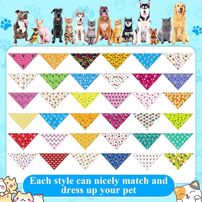 Sanwuta 72 Pcs Dog Bandana Bulk Washable Puppy Triangle Scarfs Cat Bandanas Adjustable Soft Cute Pet Triangle Bibs Accessories for Small Medium Dogs Cats Pets Costume(PET Pattern)