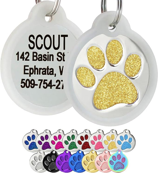 GoTags Paw Print Round Stainless Steel Pet Tag for Dogs and Cats, Personalized with 4 Lines of Custom Engraved ID Name and Number, in Stainless Steel and 15 Colors Small and Large, Glitter Gold