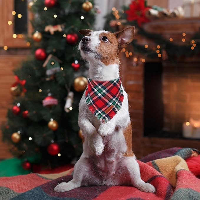 ADOGGYGO Christmas Dog Bandanas with Tassels, Festive Red Green Plaid Xmas Puppy Scarf Bib, Soft Cotton Fabric, Pet Christmas Bandanas for Small Dogs (Small)