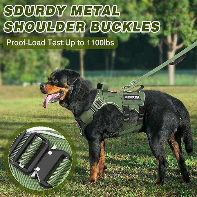 Tactical Service Dog Vest Harness and Leash Set,Heavy Duty Dog Harness with Metal Buckles for Large Dogs,Adjustable No Pull Pet Vest with 10 Patches,for Training Working,Green L