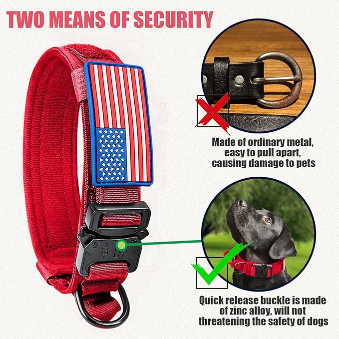 Tactical Dog Collar and Bungee Leash, Military & Leash Set with USA American Flag Adjustable K9 Heavy Duty Metal Buckle Handle, Patches Airtags Case (L, Red(1PCS))