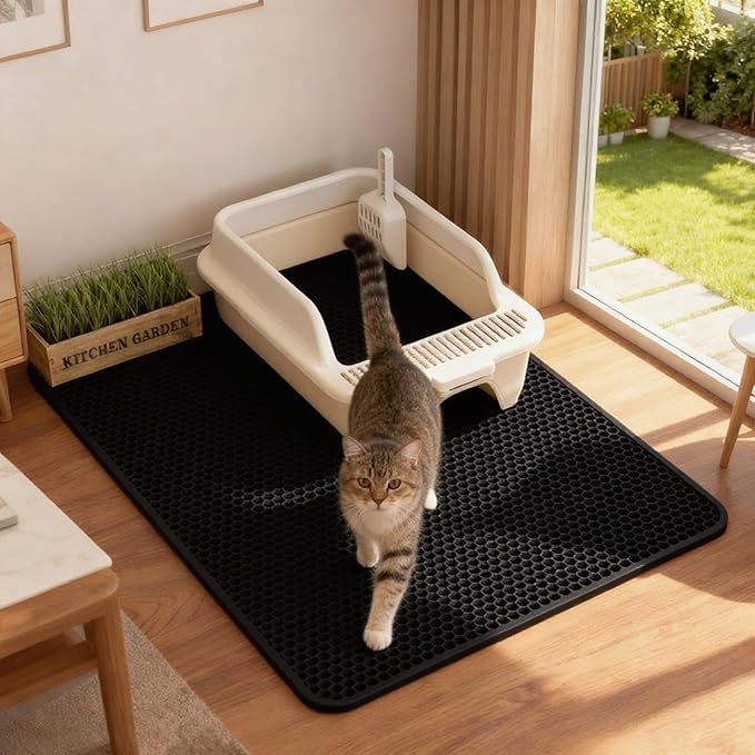 Cat Litter Mat Cat Litter Trapping Mat, 18 x 12 inch Honeycomb Double Layer Design, Urine and Water Proof Material, Scatter Control, Less Waste, Easier to Clean, Washable black