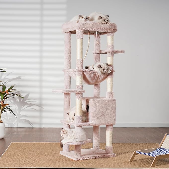 Heybly Cat Tree for Large Cats 20lbs Heavy Duty,60 inches XXL Cat Tower for Indoor Cats, Multi-Level Furniture Condo with Big Padded Plush Perch, Cozy Basket, Muchroom HCT050MU