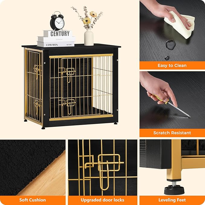 DWANTON Dog Crate Furniture with Cushion, Wooden Kennel Table with Double Doors, Indoor Dog House, Small/Medium/Large Size, 27.2" L, Black+Gold
