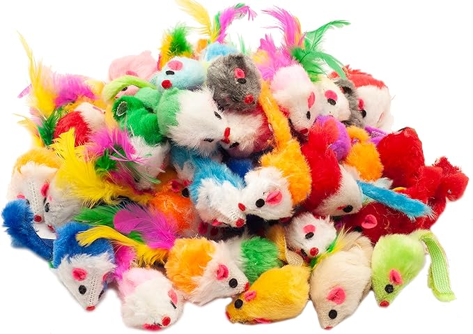 Fashion's Talk 48-Count Assorted Mice Cat Toys Furry Rattle Mouse Kitten Toy Mini Mice for Indoor Cats Interactive Play Color Varies