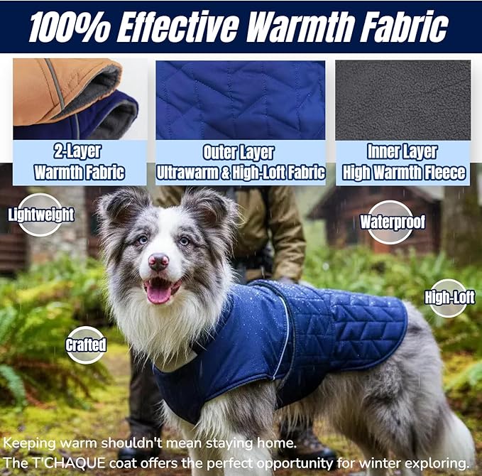 Outdoor Classic Quilted Upgraded Dog Winter Coat, Waterproof & Lightweight Coats for Large Dogs, 2-Layer Warmth Jacket with Reflective Strip Leash hole, Active Fit Pet Clothes for Girls Boys(Blue, XL)