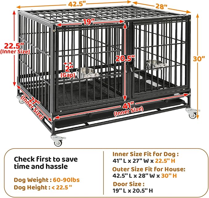Homey Pet 43 Inch Dog Crate, Heavy Duty Stackable Dog Crate Cage Kennel for Medium Dogs with Divider, Bowls, 3 Door, Removable Grid & Tray, 4 Lockable Wheels, Breeding & Grooming Drop Cages for Dogs