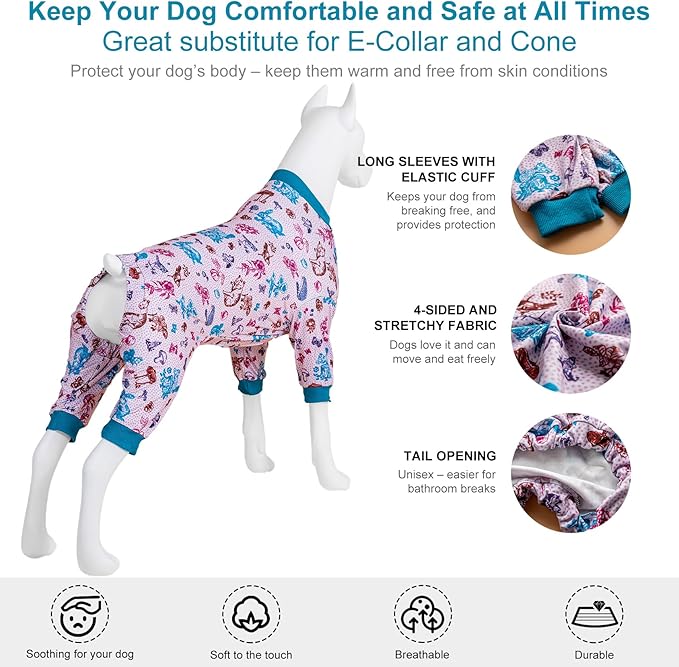 LovinPet Large Dogs Pajamas Bodysuit, Pet Anxiety CalmingShirt, Lightweight Post Surgery Dog Pajamas, Garden Print, Large Dog Pjs, 4 Legged Style Pullover Dog Onesie,3XL