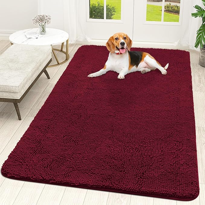 OLANLY Dog Door Mat for Muddy Paws 59x35, Absorbs Moisture and Dirt, Absorbent Non-Slip Washable Doormat, Quick Dry Chenille Mud Mat for Dogs, Entry Indoor Entryway Carpet for Inside Floor, Burgundy