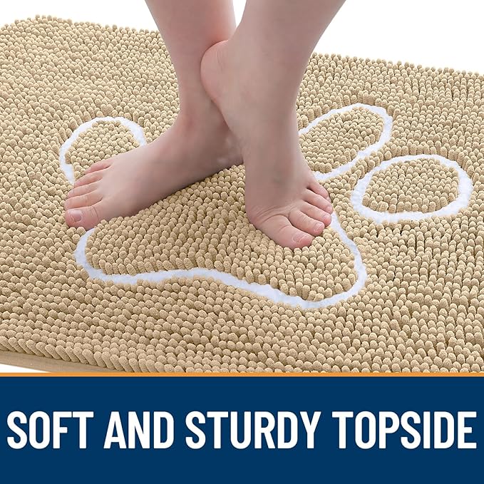 OLANLY Dog Door Mat for Muddy Paws 70x46, Paw Print Design, Absorbs Moisture and Dirt, Absorbent Non-Slip Washable Doormat, Quick Dry Chenille Mud Mat for Dogs, Entry Indoor Entryway Carpet, Beige