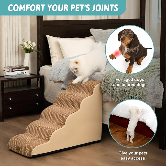 Dog Stairs for High Bed 22.6" H, Small Dog Step for Puppy, Older or Cat, Curved Ramp for Car, Ladder with High Density Foam, Lightweight, Durable, 5 Step, 15.7x33x22.6 inch, Light Brown