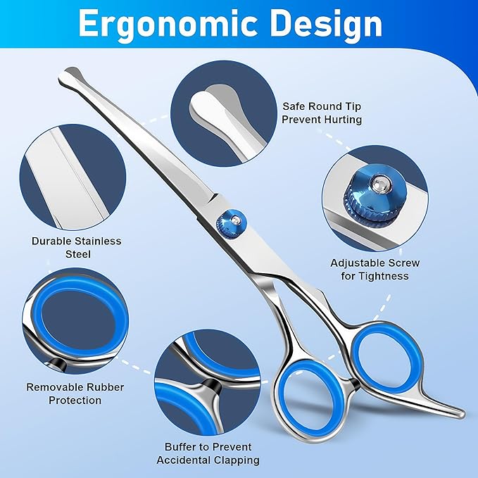 Professional 4 in 1 Dog Grooming Scissors Kit with Safety Round Tips, Sharp and Durable Pet Grooming Shears for Dogs and Cats.