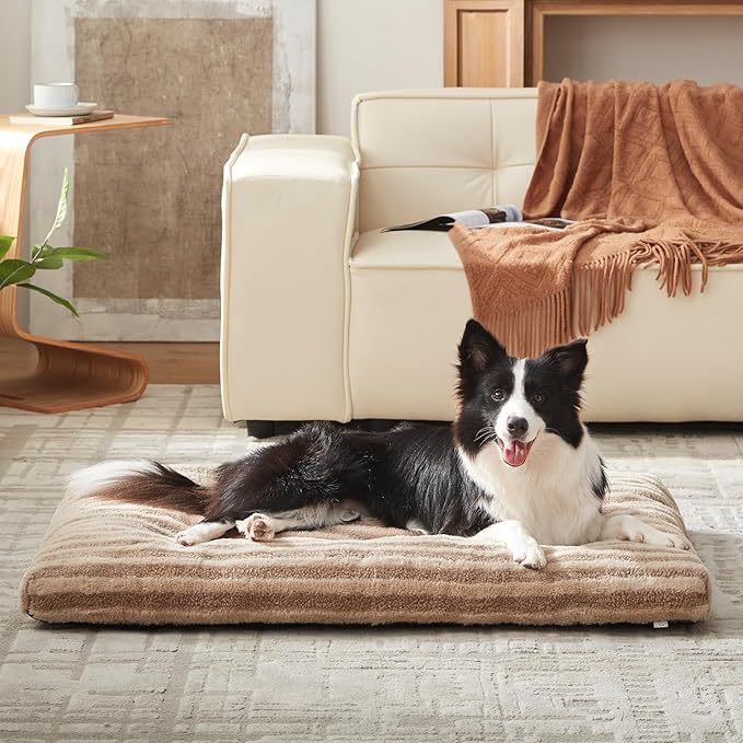 FURTIME Washable XXL Dog Bed for Extra Large Dogs, Giant Deluxe Dog Crate Beds Comfy Fluffy Kennel Pad Anti-Slip Pet Sleeping Mat, Machine Washable Dogs Pillow, 47"x29"x4", Brown