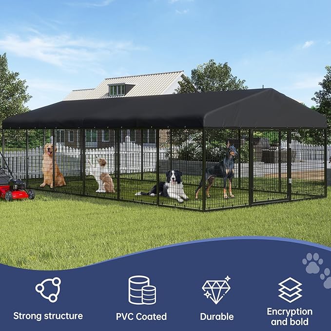 236" x 118" Outdoor Dog Kennel Steel Ideal Dog Fence for Medium/Small Dogs Anti-Rust Coating Cage with Roof All Weather Resistant Dog House with Double Locks