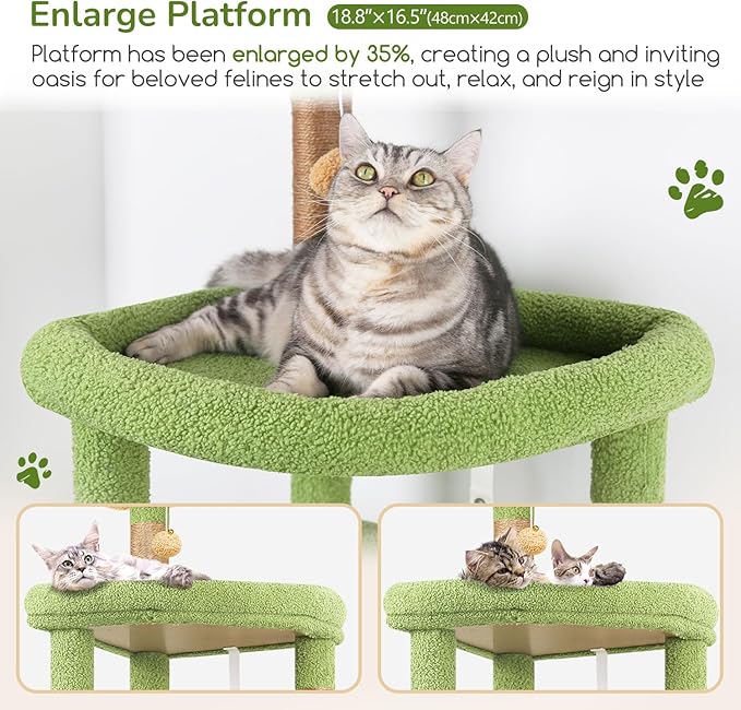 Globlazer Extra Large Platform Cactus Cat Tree, 65in Sturdy Cat Tree for Multiple Indoor Cats Large Adult, Big Cat Tower with 3 Padded Perches, 6 Scratching Posts, Spacious Condo, Hammock, S65, Green