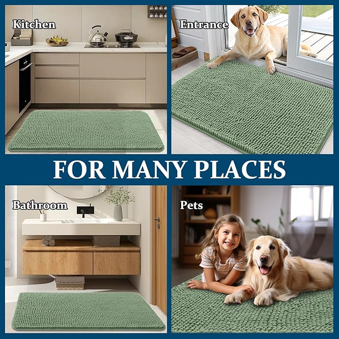 OLANLY Dog Door Mat for Muddy Paws 44x24, Absorbs Moisture and Dirt, Absorbent Non-Slip Washable Doormat, Quick Dry Chenille Mud Mat, Entry Indoor Entryway Carpet for Inside Floor, Olive Green