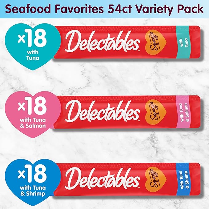 Delectables Squeeze Up Seafood Variety Pack, Creamy Squeezable Puree, Lickable Wet Cat Treats, Grain Free, No Added Fillers, No by-Products, No Added Preservatives, 0.5 Ounces Tube, 54 Tubes Total