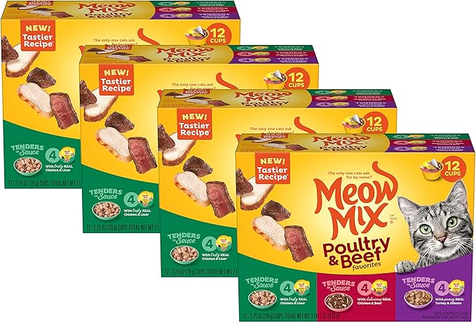 Meow Mix Tenders in Sauce Wet Cat Food, Poultry & Beef Variety Pack, 2.75 Ounce Cup (Pack of 48)