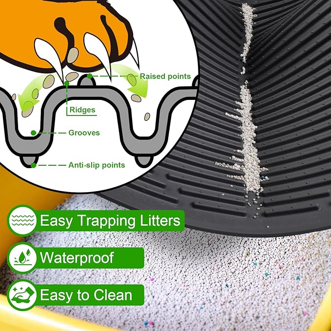 Gosmol Cat Litter Mat, 24"x15" Waterproof & Urine-Proof Silicone Trapping Mat with Deep Grooves, Easy Clean Non-Slip Rubber Cat Mat for All Litter Boxes (Hooded/Self-Cleaning) & Floors, Black