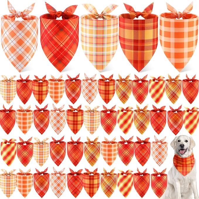 Weewooday 50 Pcs Thanksgiving Fall Dog Bandanas Bulk Plaid Bandanas for Dogs Autumn Soft Doggie Bibs Triangle Scarves for Small Medium Large Pet Costume(Plaid Pattern, 31.5 x 21.7 X21.7 Inch)