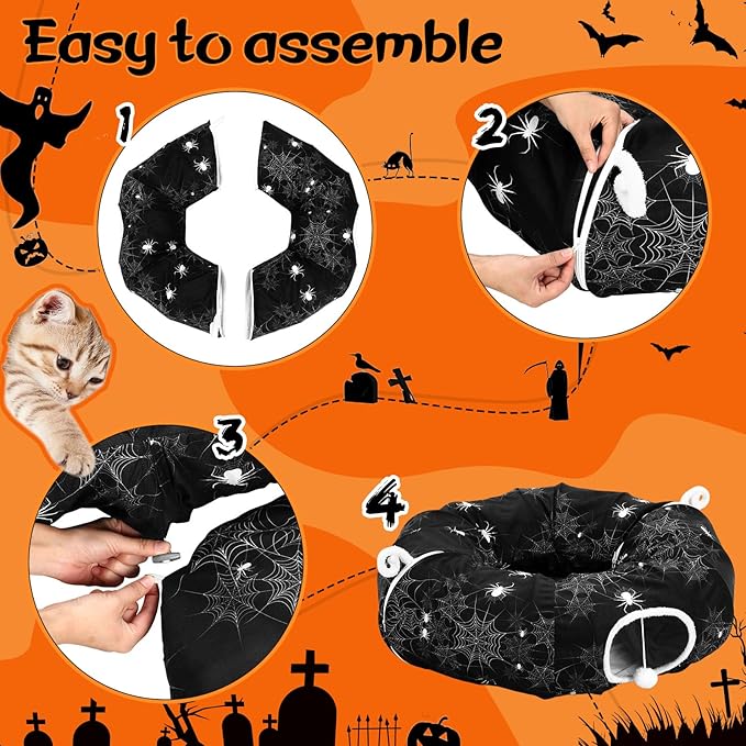 Aliceset Halloween Cat Tunnel Bed for Indoor Cats 3ft x 3ft x 10in Foldable Cat Donut Tunnel with Washable Cushion Halloween Spider Pet Peekaboo Cave Toy for Small Kitten Kitty