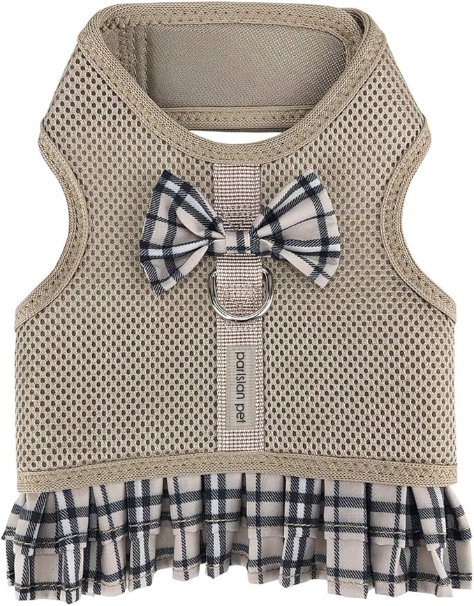Parisian Pet Step in Dog Harness - 100% Mesh Fabric Plaid Khaki Girl Dog Harnesses - Soft Fully Padded, No Pull Dog Vest Harness Dress - Puppy Harness - Dog Harness Medium Sized Dog - M