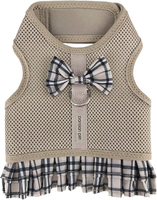 Parisian Pet Step in Dog Harness - 100% Mesh Fabric Plaid Khaki Girl Dog Harnesses - Soft Fully Padded, No Pull Dog Vest Harness Dress - Puppy Harness - Dog Harness Medium Sized Dog - M
