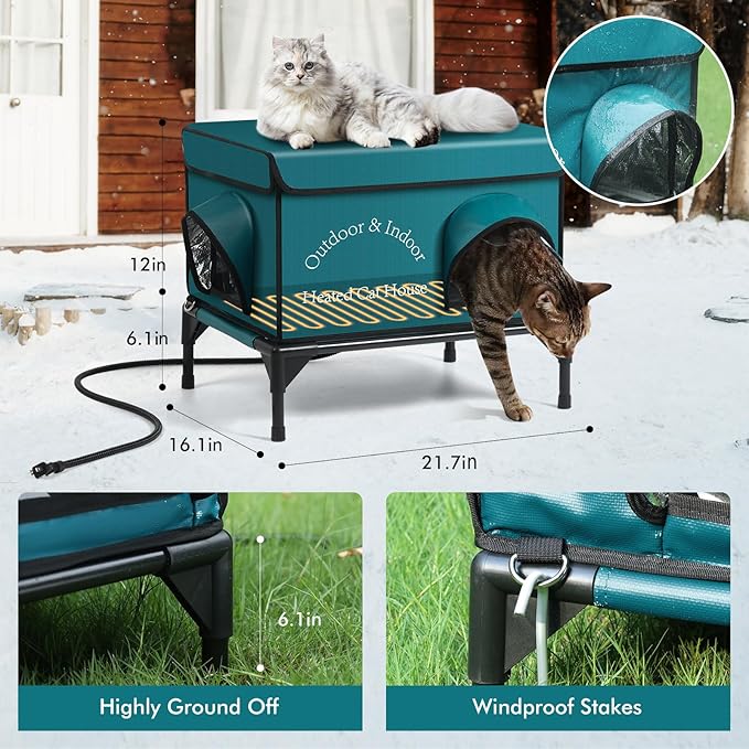 Heated Cat House for Outside Cat in Winter, Insulated Outdoor Feral Cat Shelter with Cat Heating Pad, 2 Doors,Elevated Waterproof Heated Kitty House (Blue, 21.5"x16.5"x18")