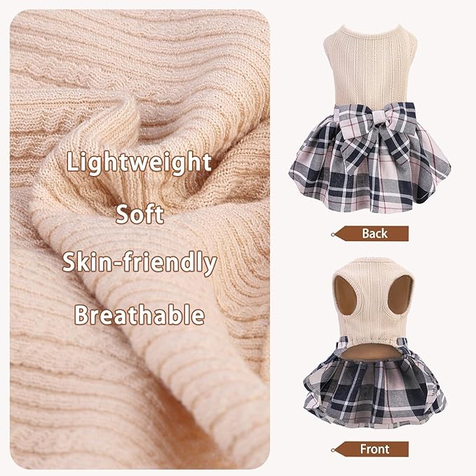 PUPTECK Classic Plaid Dog Dress Pet Apparel with Cute Bowtie Puppy Clothes Outfit,Cream,XS