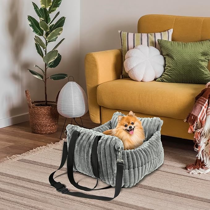 Dog Car Booster Seat, for Small Dogs Under 30 lbs, Detachable Washable Travel Bed with Storage Pockets and Safety Belt (Grey, Medium)