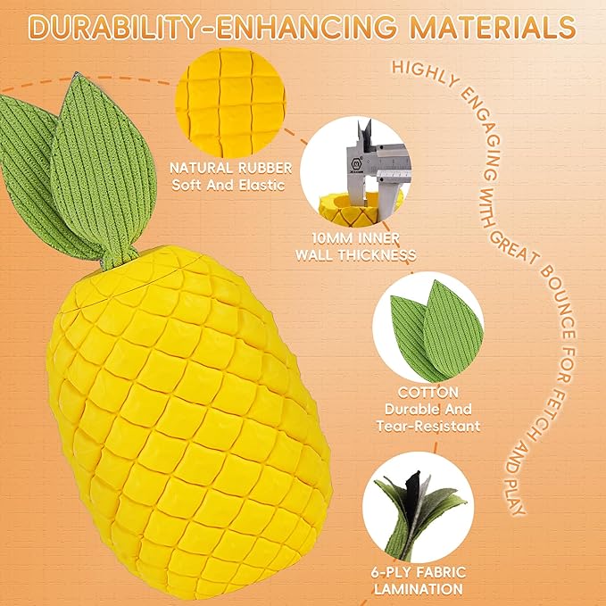 Pineapple Dog Toy, Indestructible Chew Toy with Squeaker, Durable Nature Rubber for Medium Large Breed Dogs, Interactive Play, Teeth Cleaning, Boredom Relief