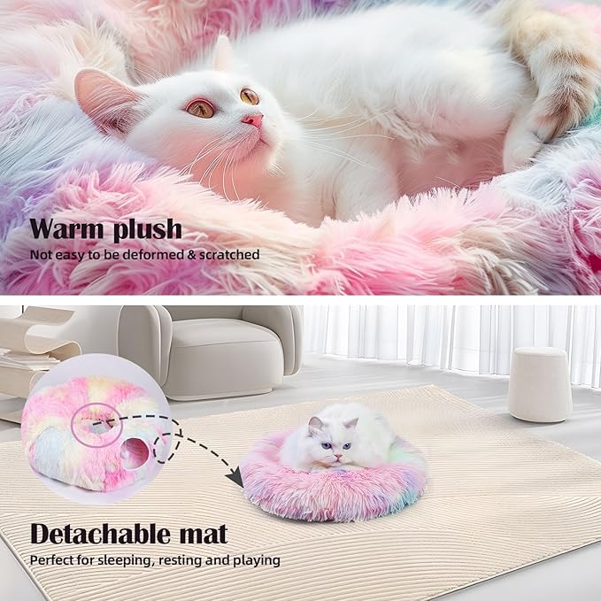 Odoland Cat Tunnel Bed with 20 Cat Toys - Indoor Plush Kitten Couch,Detachable Cats Cave Donut Tunnel & Soft Kitten Toy Set-Cozy Cat Furniture Pink