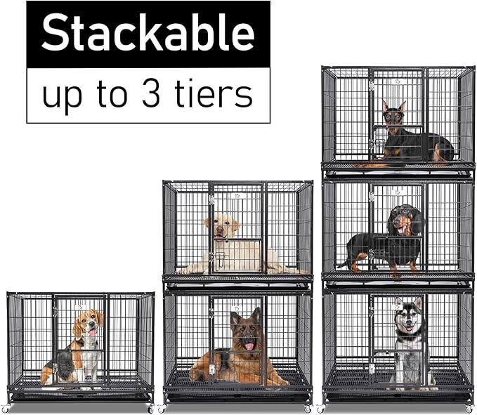 Homey Pet 43" Stackable and Collapsible Heavy Duty Dog Crate Cage Kennel with Feeding Door, Four Lockable Casters, Removable Tray and Grid, Escape Proof Dog Crate for Large Dogs