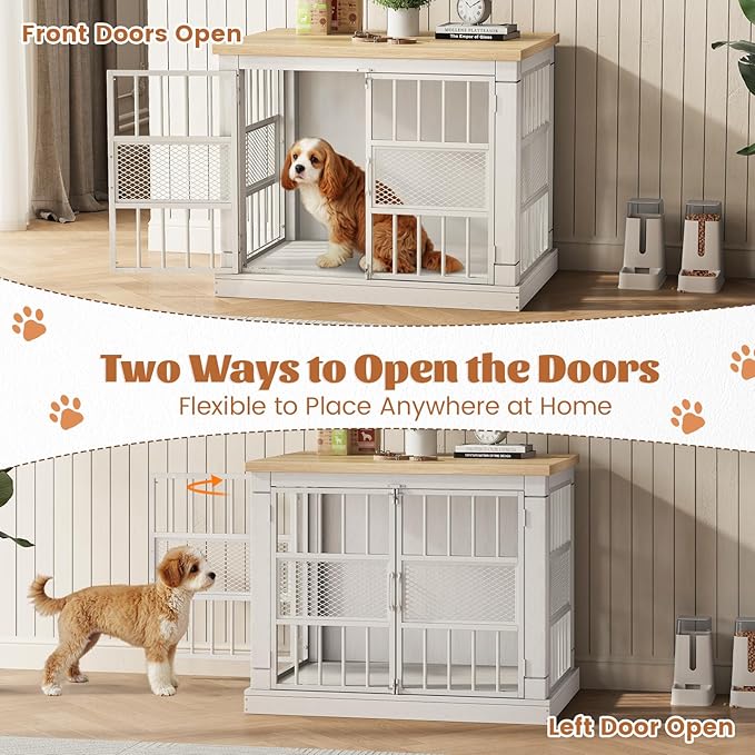 VOPEAK 27.5" Dog Crate Furniture, Chew Resistant Dog Crate for Small Dogs Puppy, Heavy Duty Dog Crates Dog Kennel Cage Indoor with Double Doors, Wooden End Table for Bedroom Living Room, White