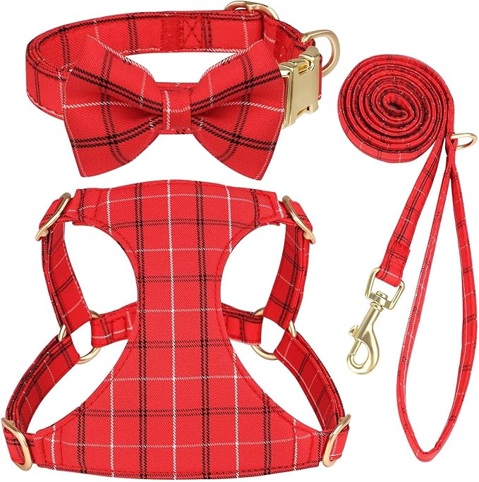 Beirui Cute Extra Small Dog Harness Collar and Leash Set with Bowtie, Soft Adjustable Plaid Puppy Harness for Small Sized Dogs Cats Walks Parties and Photoshoots(Red,XXS:Chest 12-14")