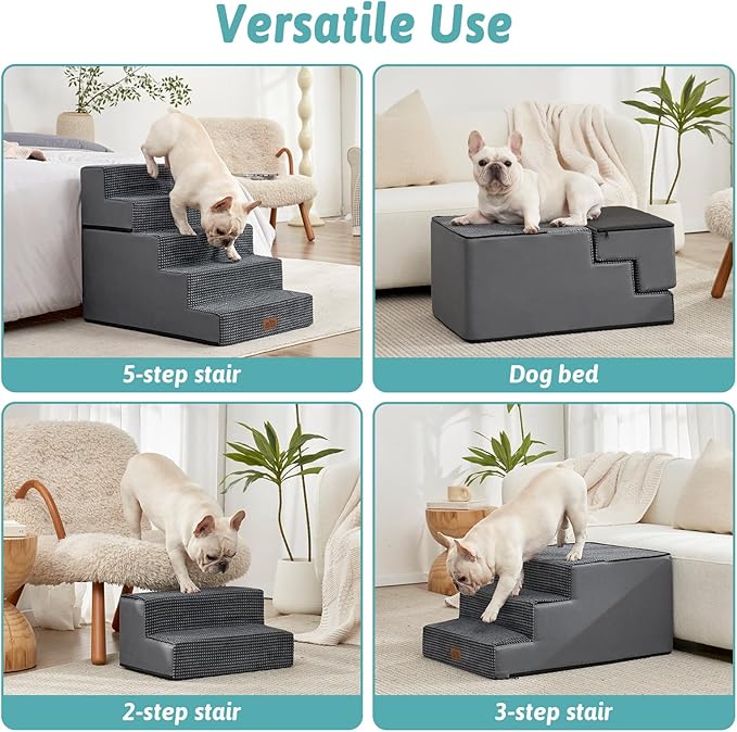 Dog Stairs for Small Dogs, 5 Tier Removable Wider Pet Stairs for Couch and Bed, 23.6" H Non-Slip Dog Steps for Puppies and Old Cats with Support Board, 19.7x29.5x23.6 inch, Dark Grey