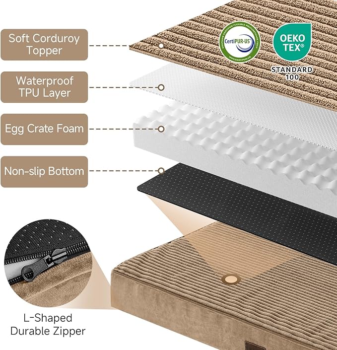 OhGeni Orthopedic Waterproof & Machine Washable Dog Bed for Medium Large Pets, Suitable for Crates, Cat Mat with 25D Egg Crate Foam, Non-Slip Bottom & Removable Cover, 35 Inches(Coffee)