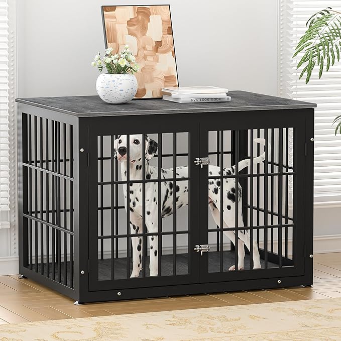 42 Inch Heavy Duty Dog Crate Furniture for Large and Medium Dogs, Decorative Pet House End Table, Wooden Cage Kennel Furniture Indoor, Gray