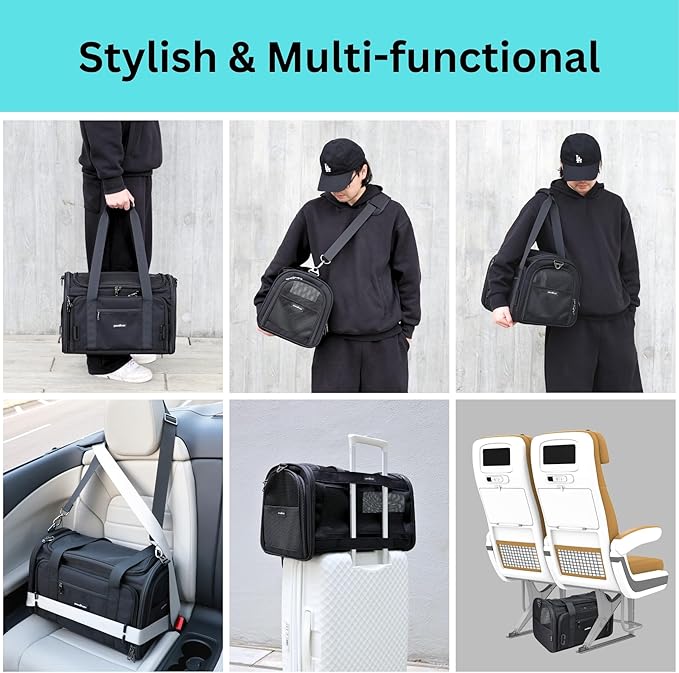 Crash-Tested Cat Carrier Soft (Test with FMVSS 213b - 5 Star Safety Rated by CPS) | TSA Airline Approved, Expandable, Zipper Locks, Fan Pocket | Best Dog Car Carrier for Safe Travel (Pet Up to 9lbs)