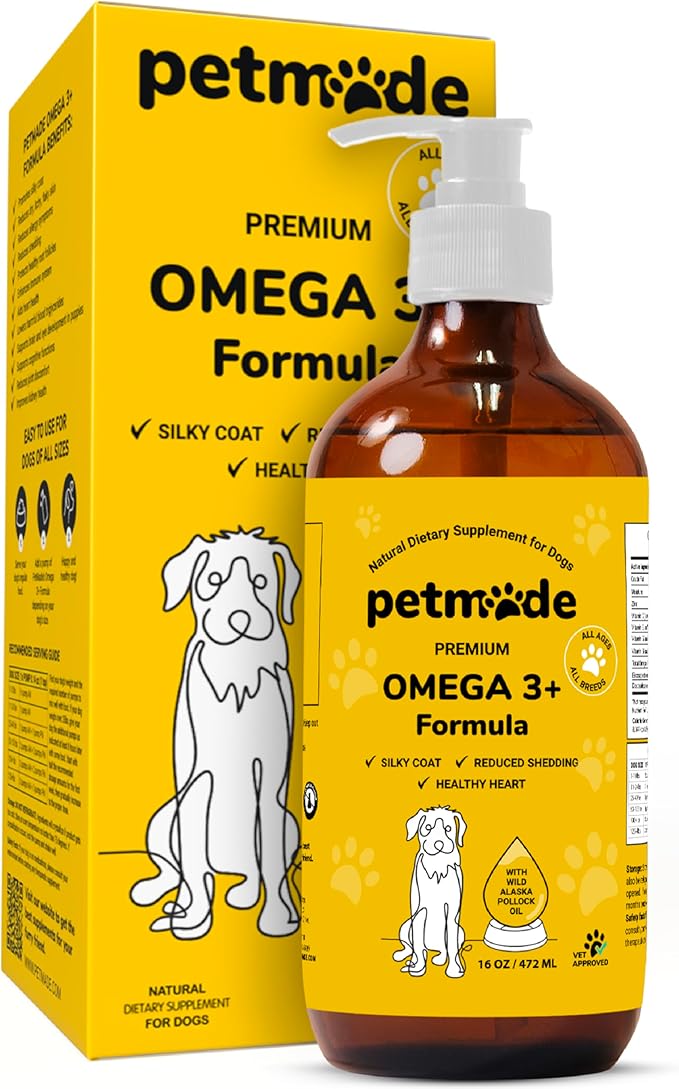 Omega 3 Fish Oil for Dogs Skin and Coat - Wild Alaskan Pollock Oil for Itchy Skin- Omega 3 Fatty Acids for Dogs - Liquid EPA & DHA Supplements - with Zinc, Vitamin C, B2, B7 & E - 16 Fl Oz