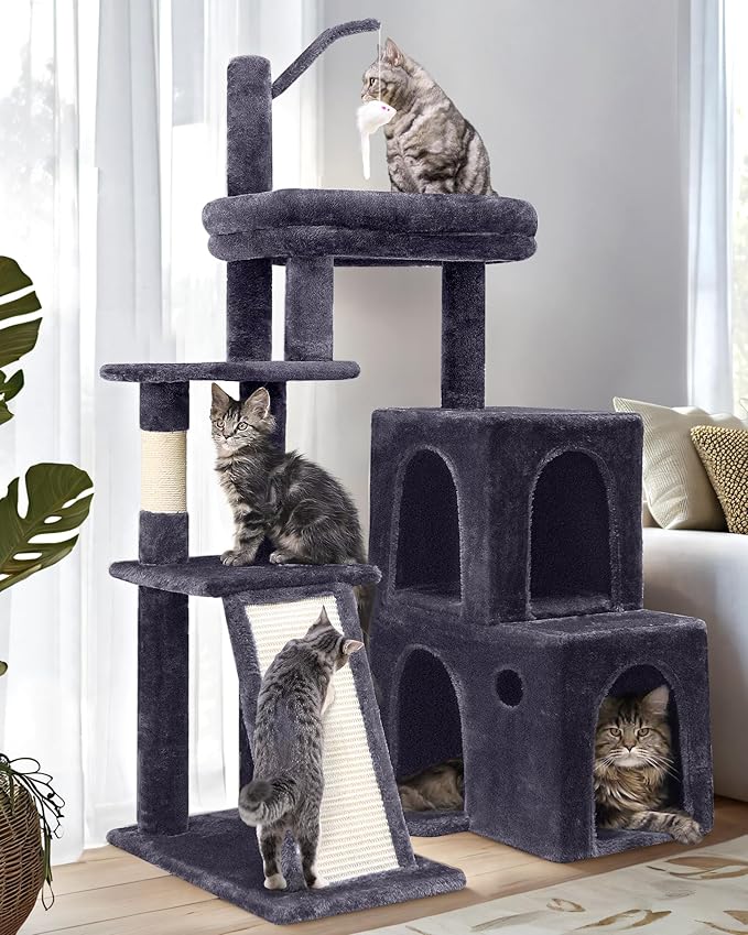 Globlazer Cat Tower for Adult Indoor Cats, 50-inch Heavy Duty Cat Tree for Big Cats, Cat Tree House with Extra-Large Padded Platform, Sisal Scratching Board, 2 Large Condos, F50, Dark Grey