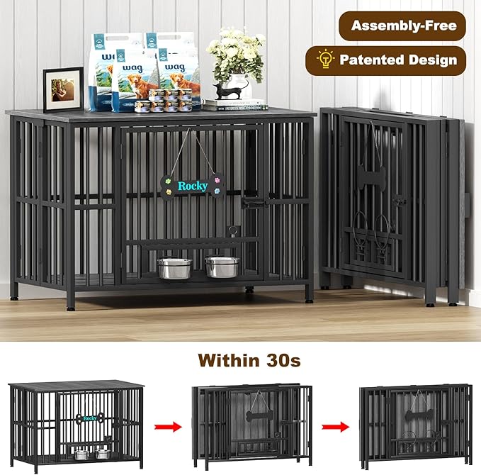 Easycom 41" Dog Crate Furniture Foldable, No Assembly Decorative Dog Kennel Indoor, Dog Crates for Large Dogs(35-60 lb), Wooden Dog Cage with Adjustable Bowls and Name Tag, End Table, Dark Grey